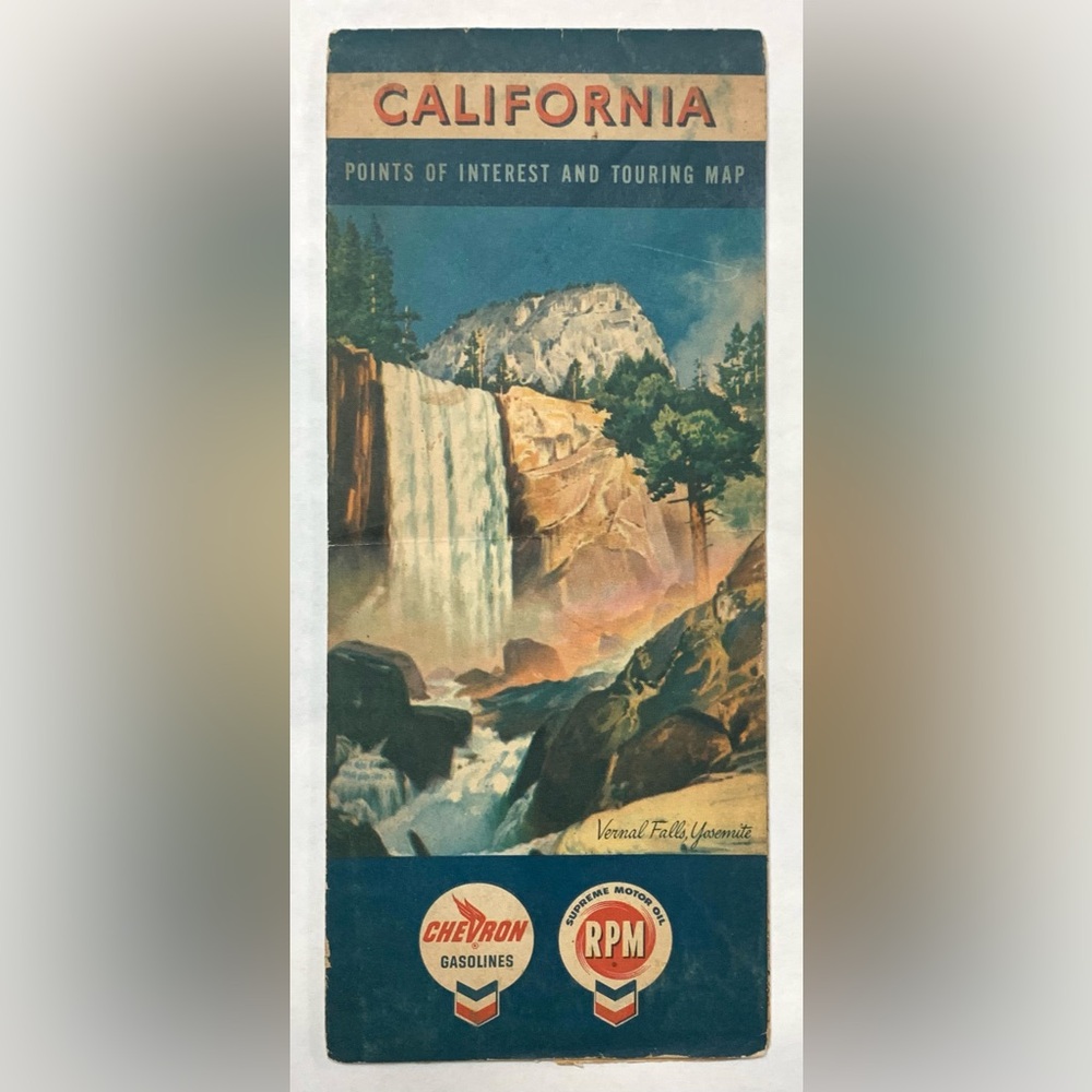 1962 CHEVRON CALIFORNIA Vintage Road MAP Vernal Falls Yosemite Lithograph